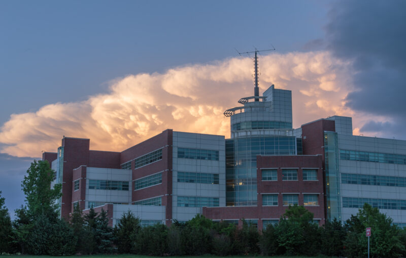 A storm anvil over the National Weather Center in Norman, OK on April 25, 2017