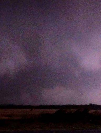 Tornado with satellite tornado near Clinton, Oklahoma after dark on October 12, 2021