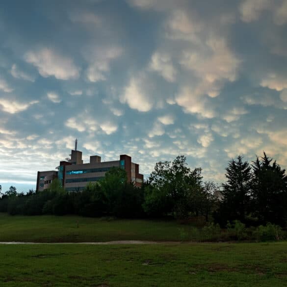 A mammatus sunset at the National Weather Center in Norman, Oklahoma