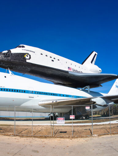 The 747 that carried the space shuttle cross country and the Independence mock up on the back