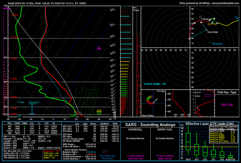 2024-03-13 00Z NAM 45 hour forecast sounding for Searcy, Arkansas (KSRC)